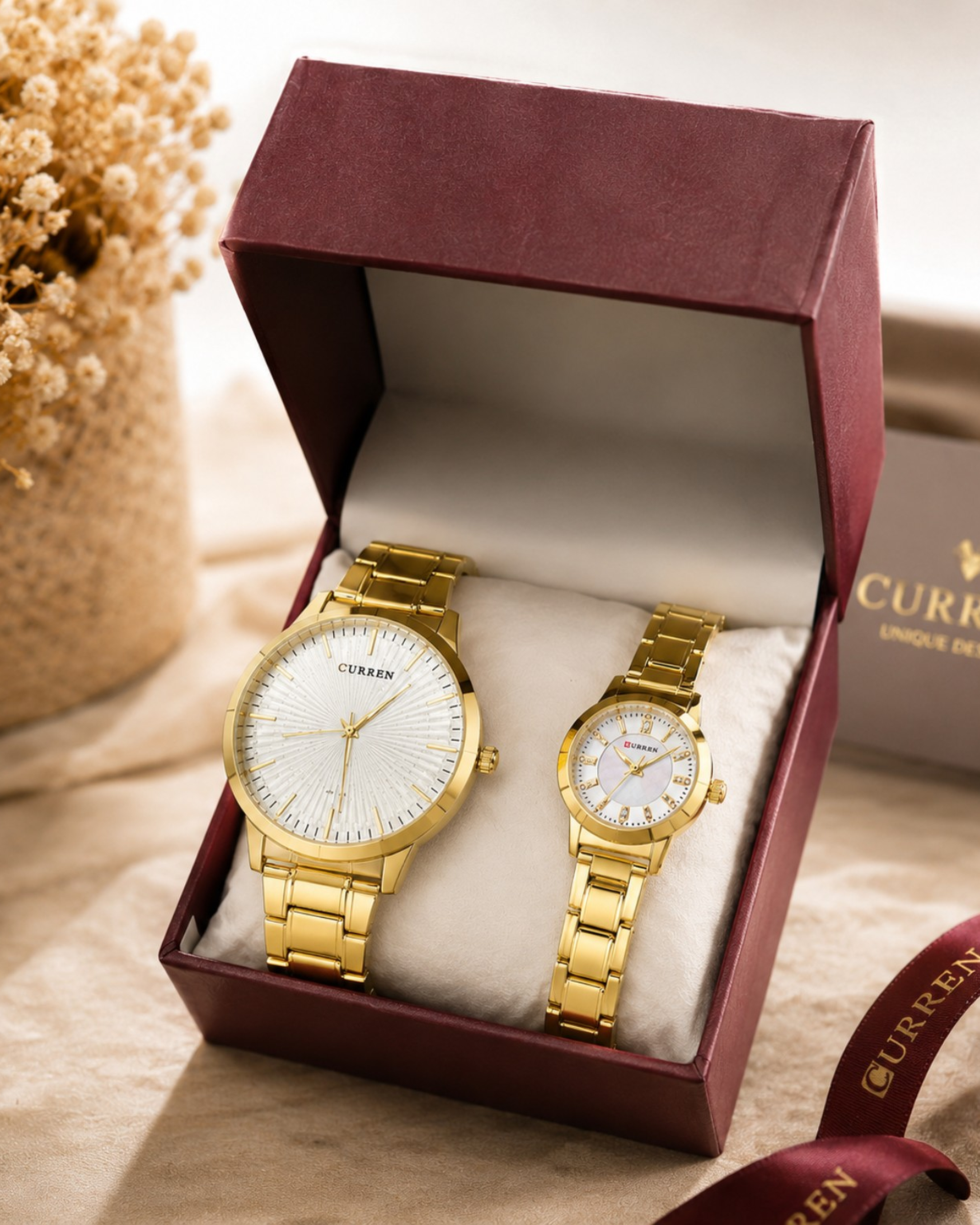 Curren Luxury Couple Watch Set with Elegant Gold Matching Design