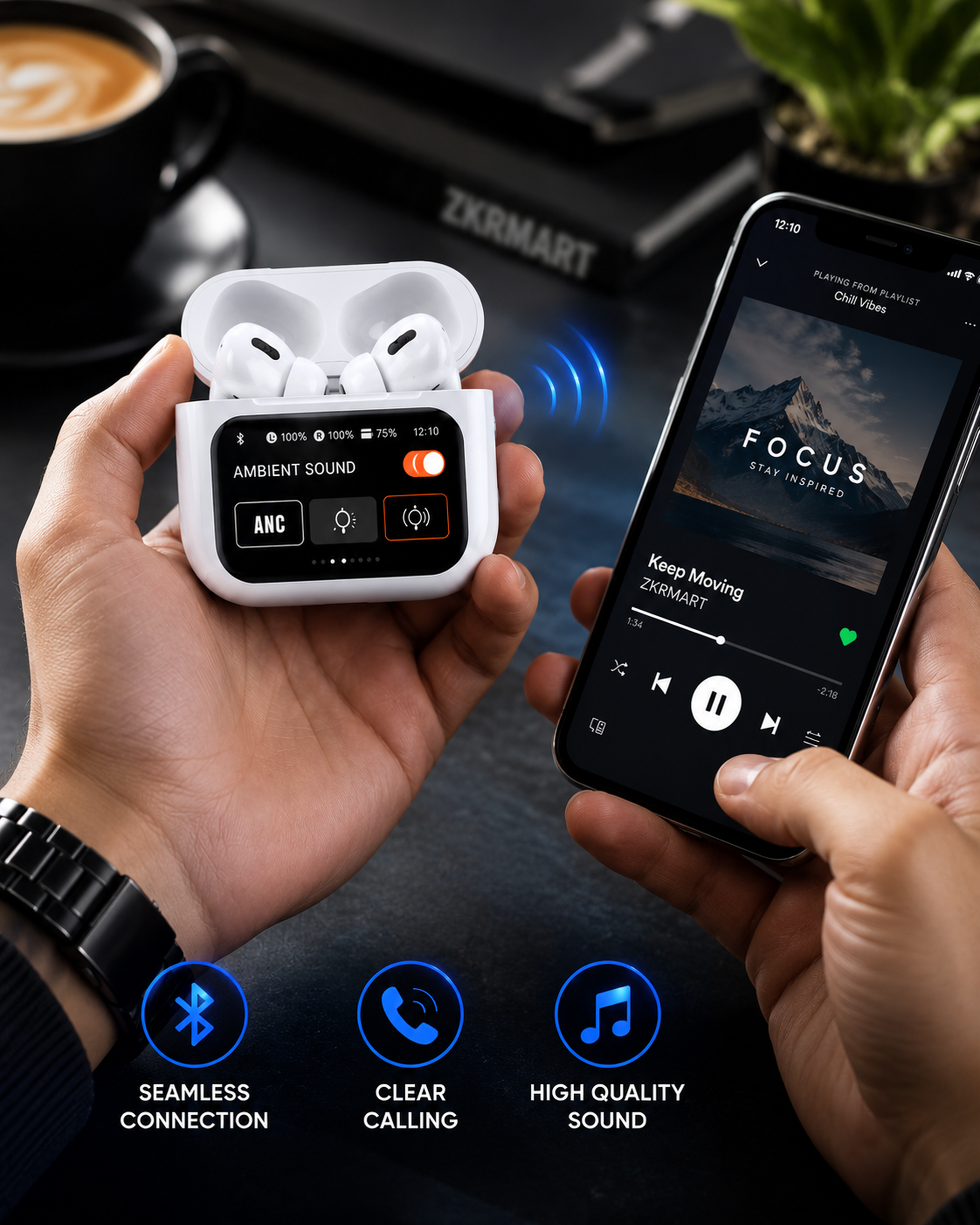 Smart Touch Screen Wireless Earbuds with ANC Noise Cancellation & LED Display Case