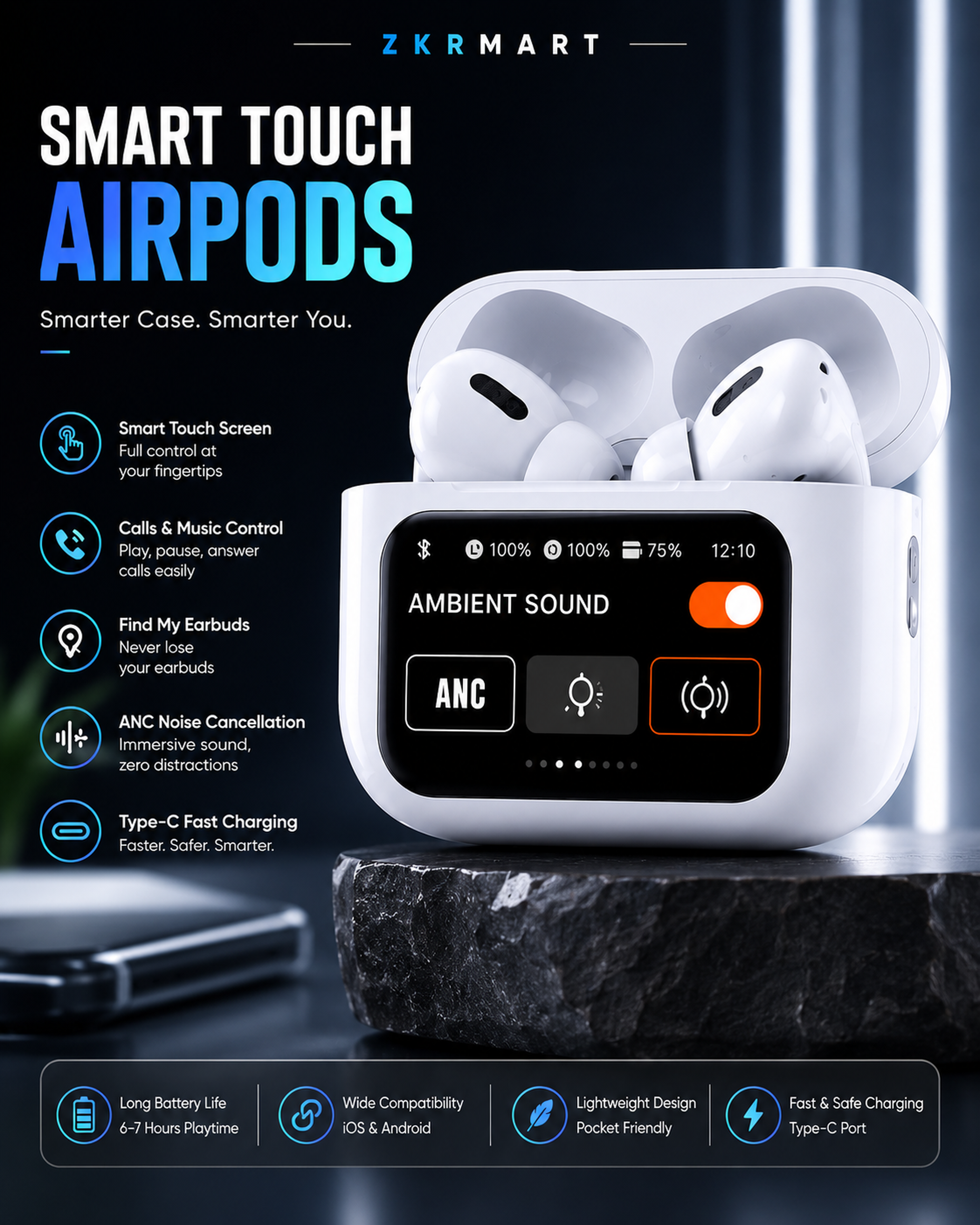 Smart Touch Screen Wireless Earbuds with ANC Noise Cancellation & LED Display Case