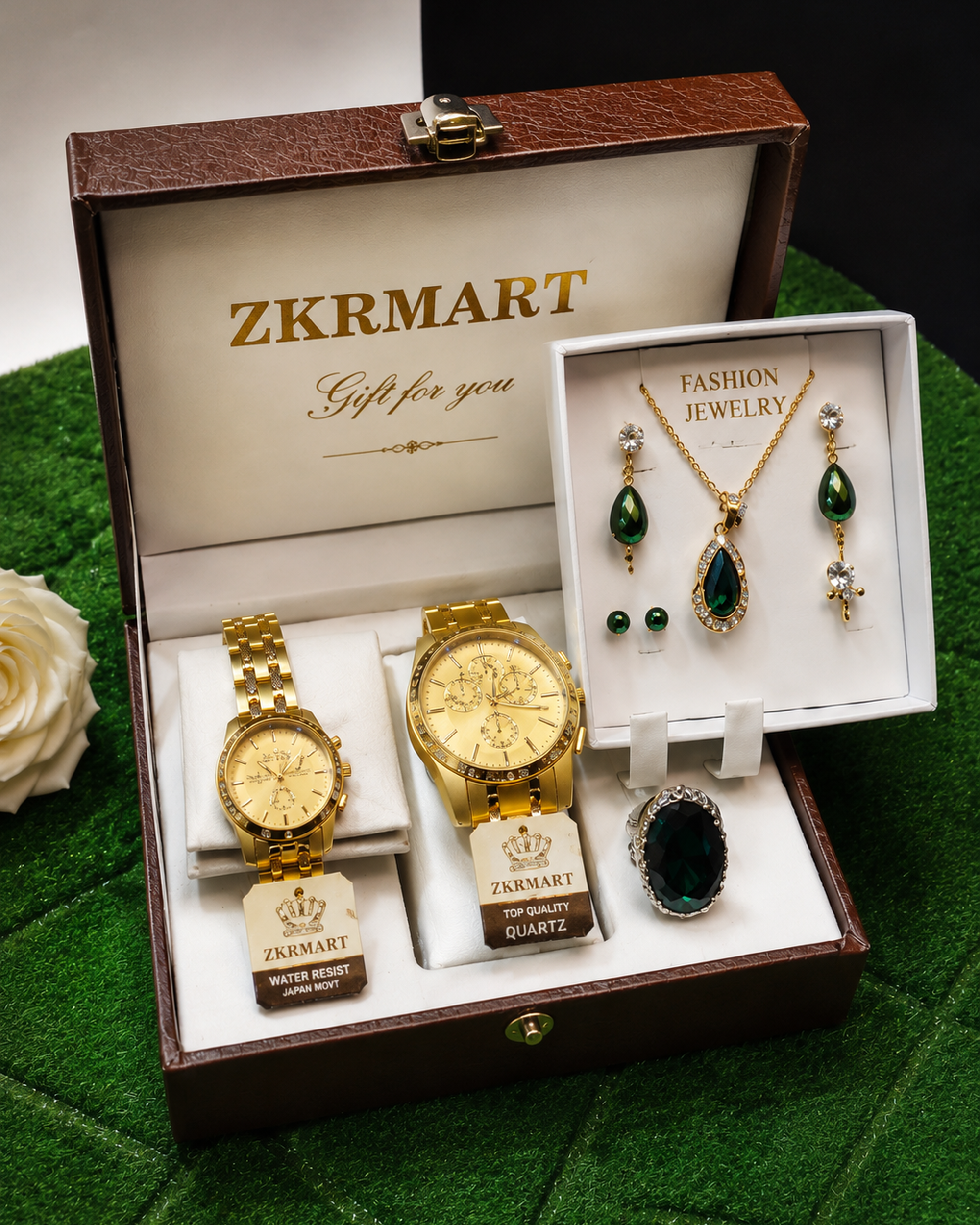 Luxury Couple Watch & Emerald Jewelry Gift Set with Premium Gift Box