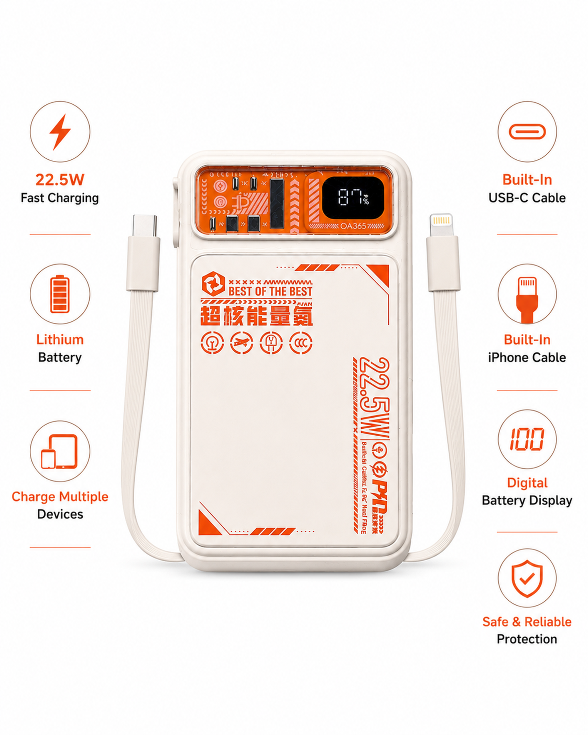 22.5W Fast Charging Power Bank with Built-In Type-C & iPhone Cables