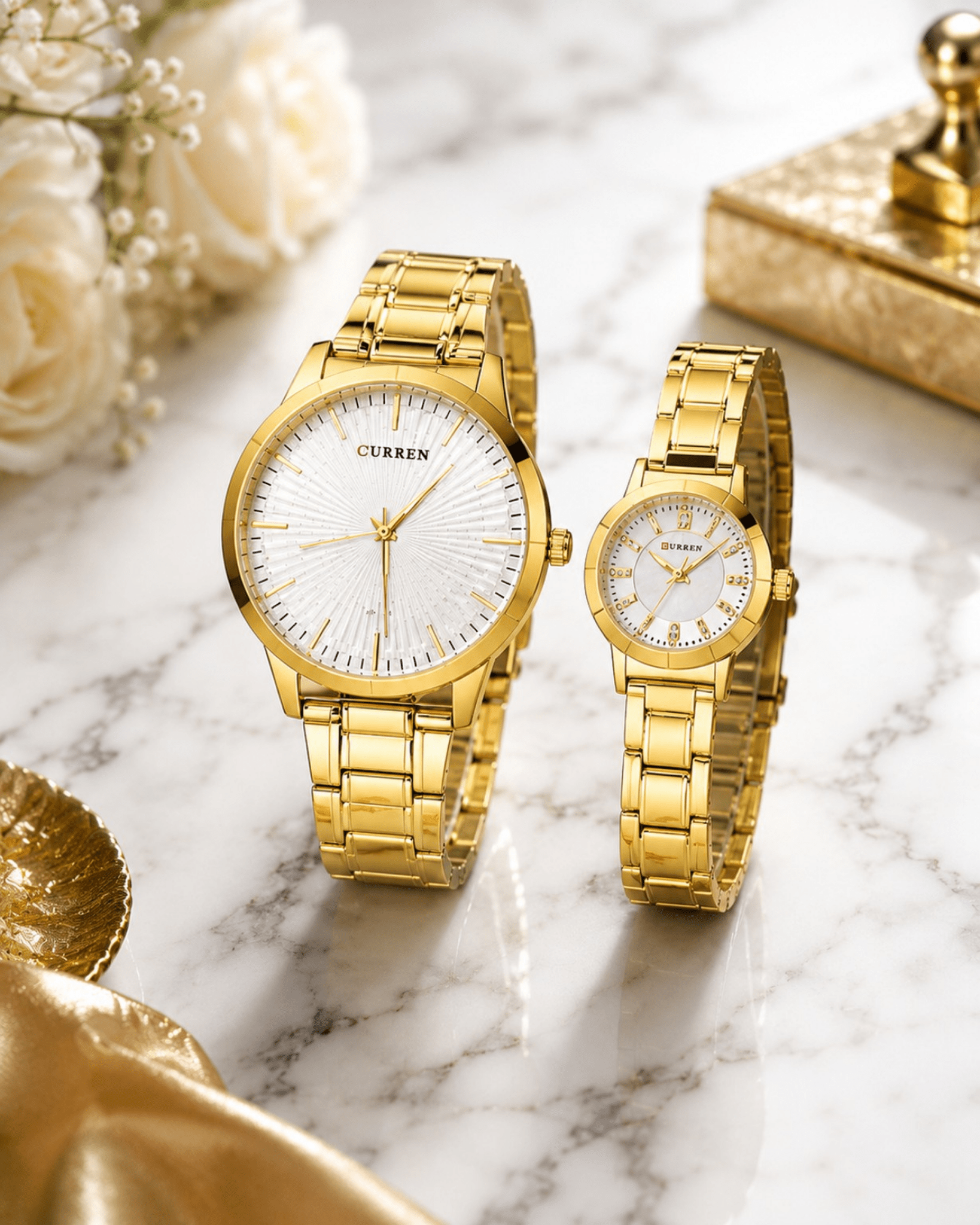 Curren Luxury Couple Watch Set with Elegant Gold Matching Design - zkrmart