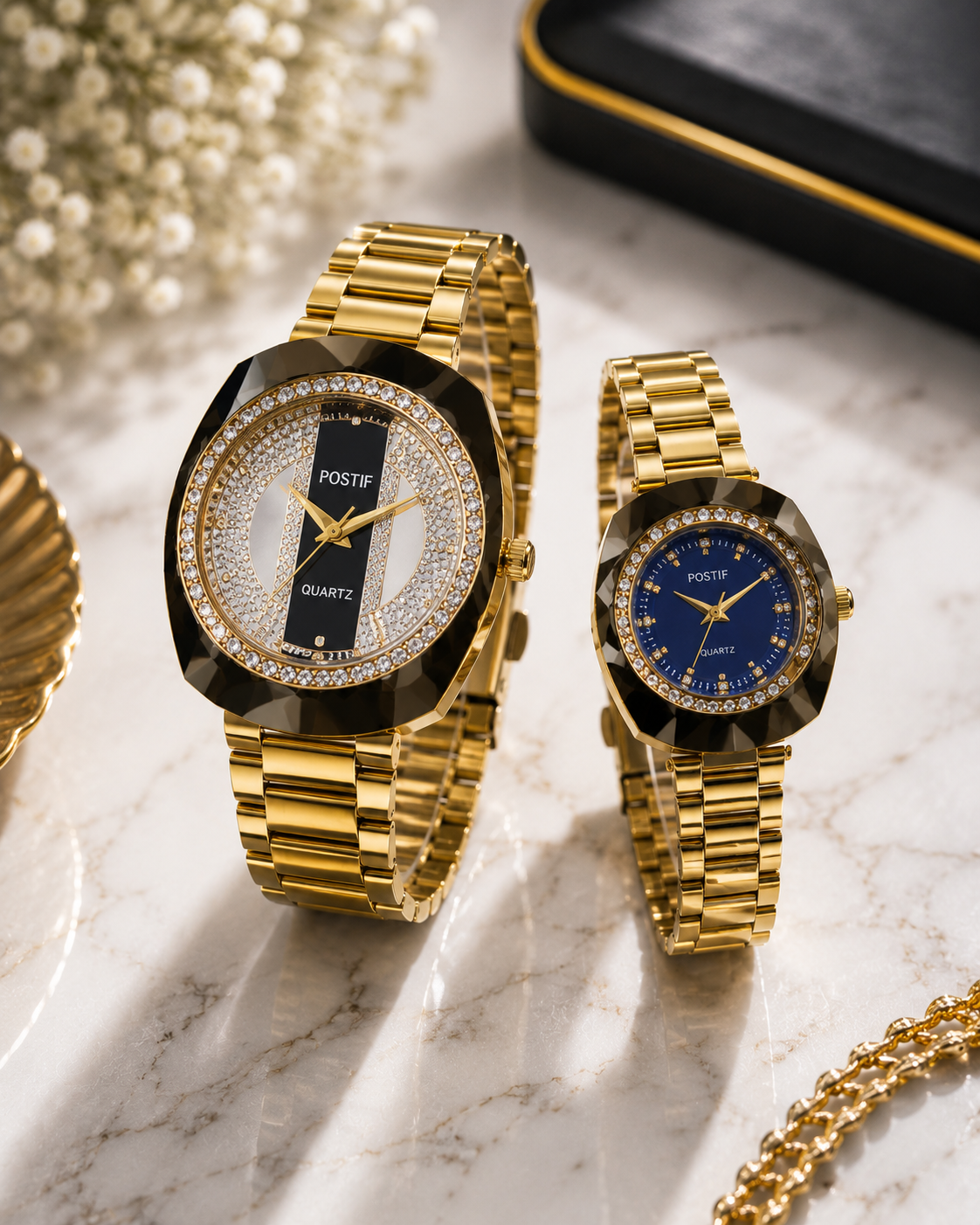 Luxury Quartz Couple Watch Set with Premium Diamond Gold Design