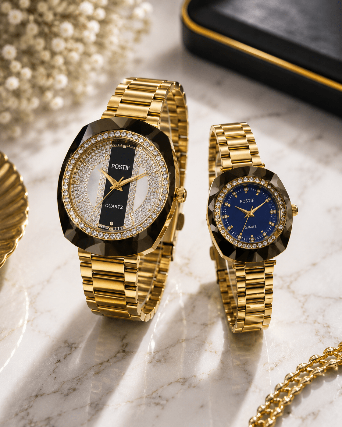 Luxury Quartz Couple Watch Set with Premium Diamond Gold Design - zkrmart
