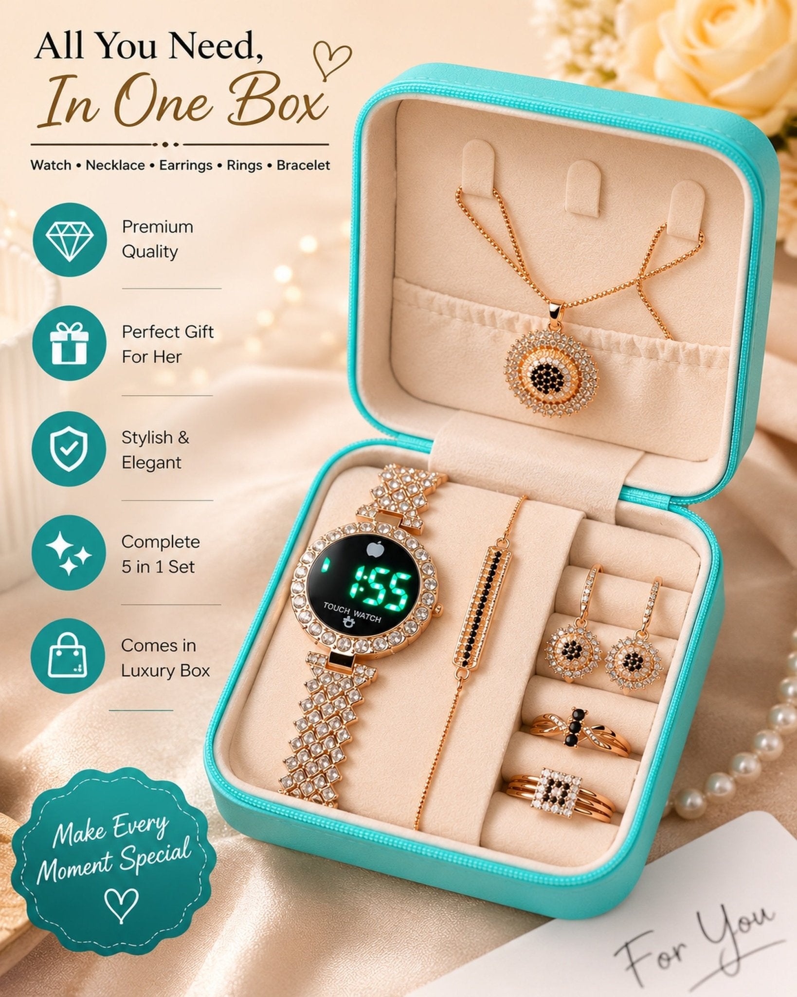 Women's Luxury 5-in-1 Watch & Jewelry Combo Set with Gift Box - zkrmart