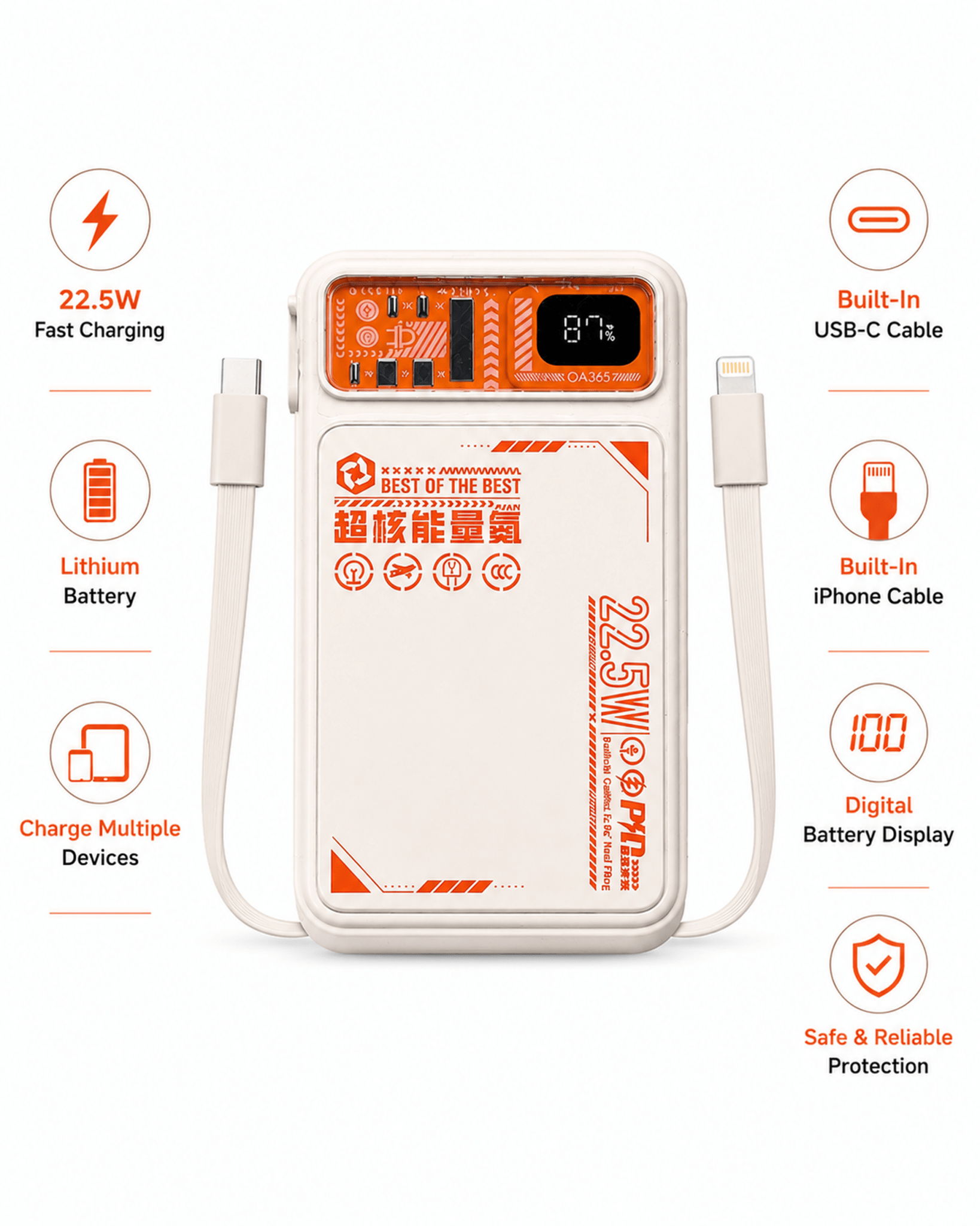22.5W Fast Charging Power Bank with Built-In Type-C & iPhone Cables - zkrmart