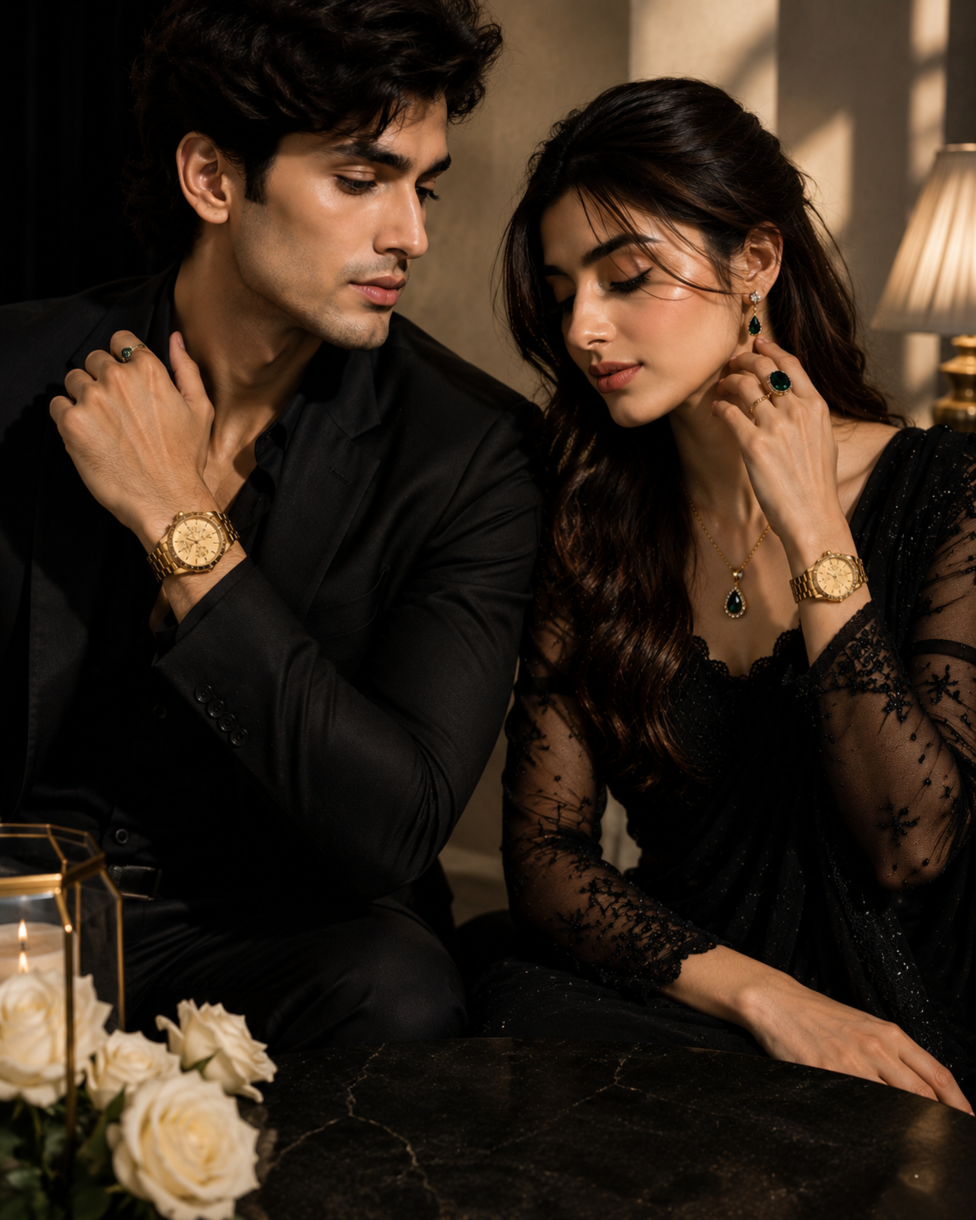 Luxury Couple Watch & Emerald Jewelry Gift Set with Premium Gift Box
