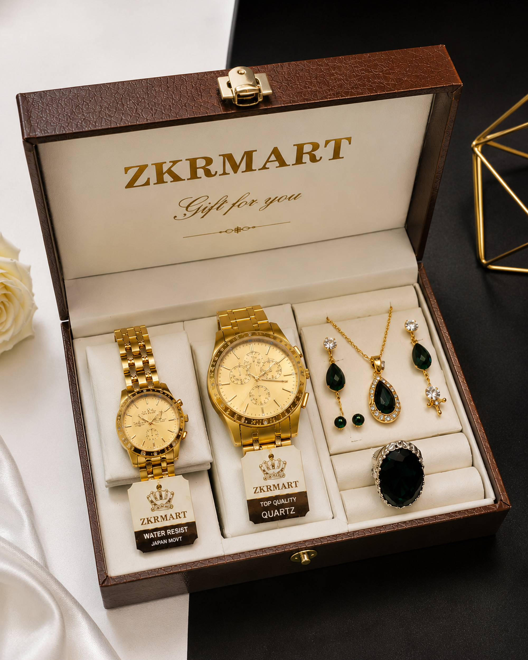 Luxury Couple Watch & Emerald Jewelry Gift Set with Premium Gift Box