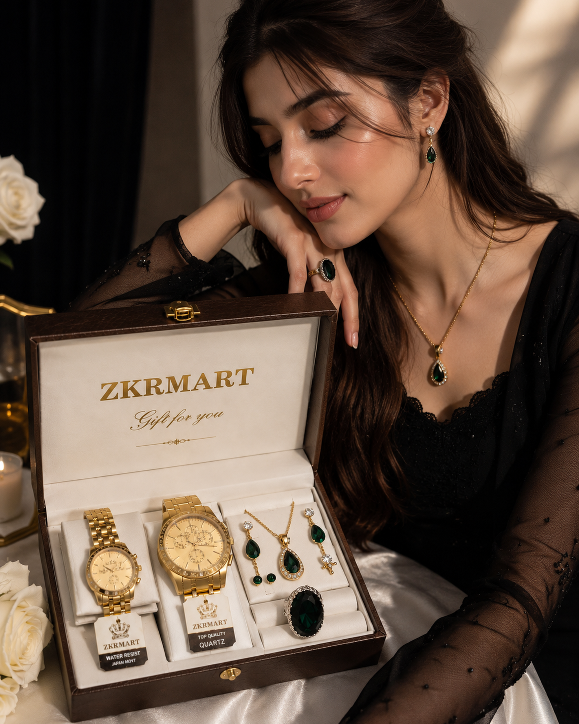 Luxury Couple Watch & Emerald Jewelry Gift Set with Premium Gift Box