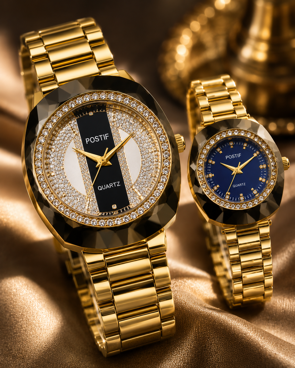 Luxury Quartz Couple Watch Set with Premium Diamond Gold Design