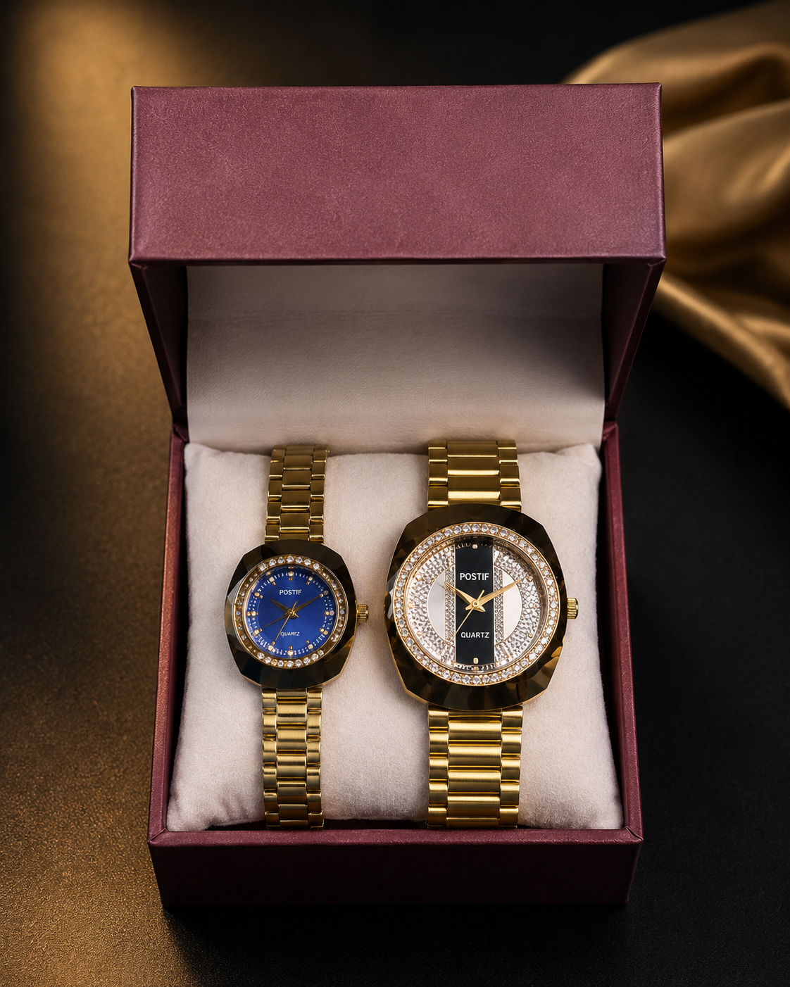 Luxury Quartz Couple Watch Set with Premium Diamond Gold Design