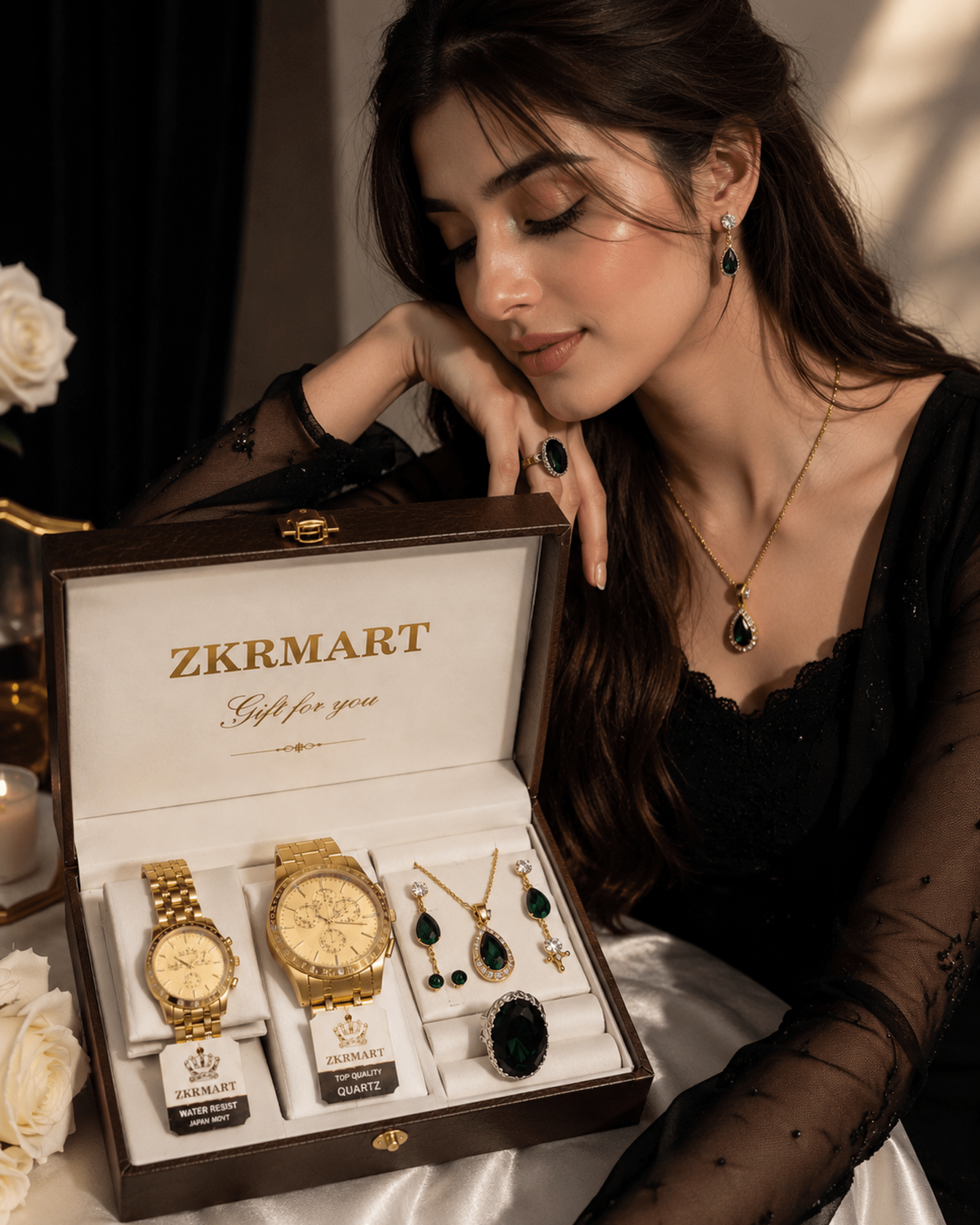 Luxury Couple Watch & Emerald Jewelry Gift Set with Premium Gift Box - zkrmart