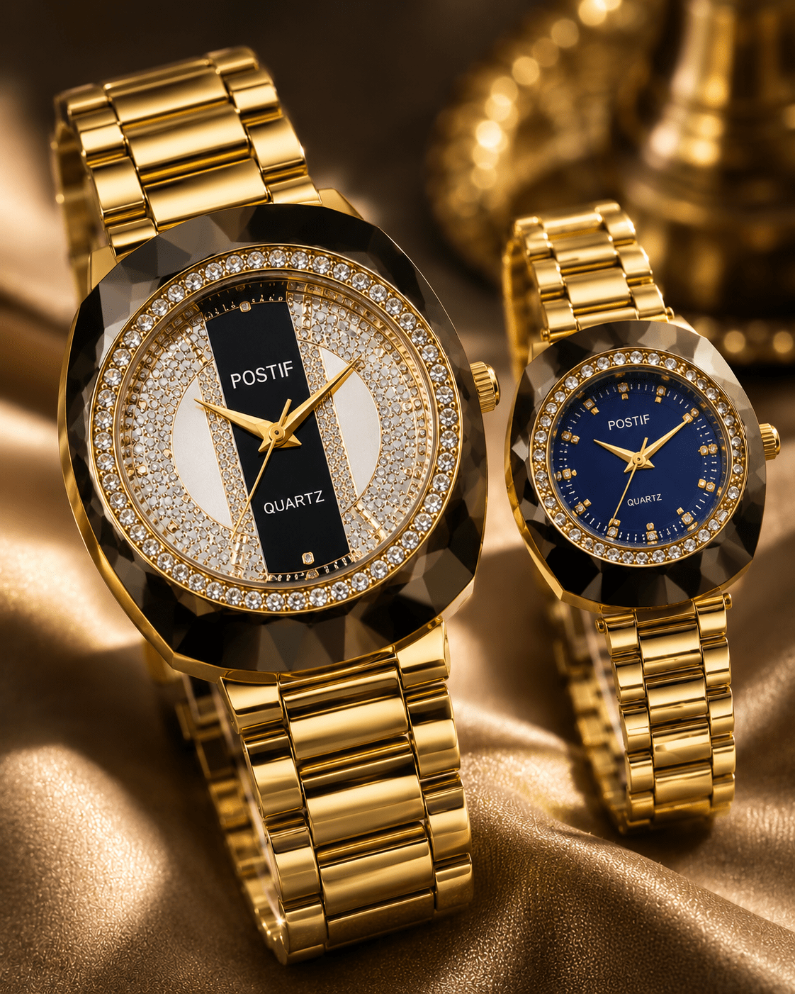 Luxury Quartz Couple Watch Set with Premium Diamond Gold Design - zkrmart