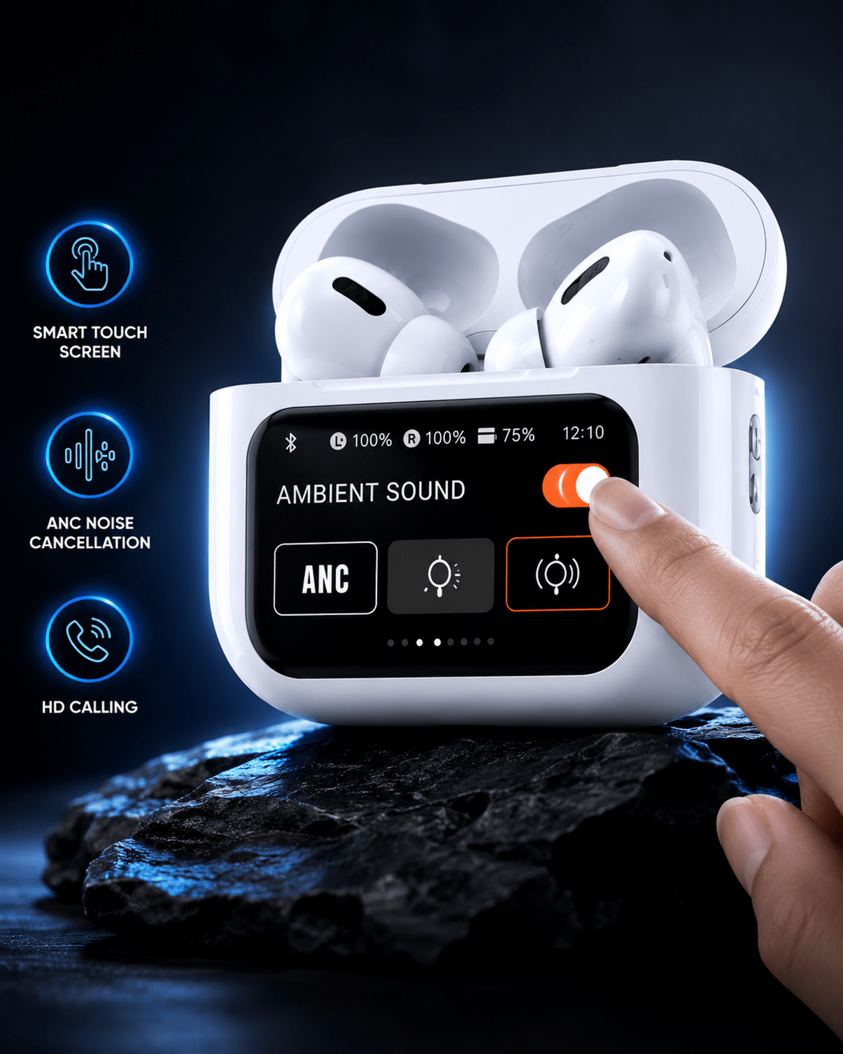 Smart Touch Screen Wireless Earbuds with ANC Noise Cancellation & LED Display Case - zkrmart
